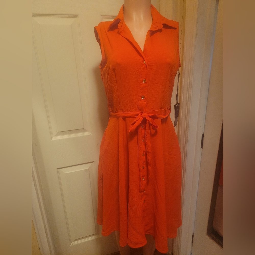 Elizabeth & Nicole Women's Red Sleeveless Belted Midi Dress Size Small